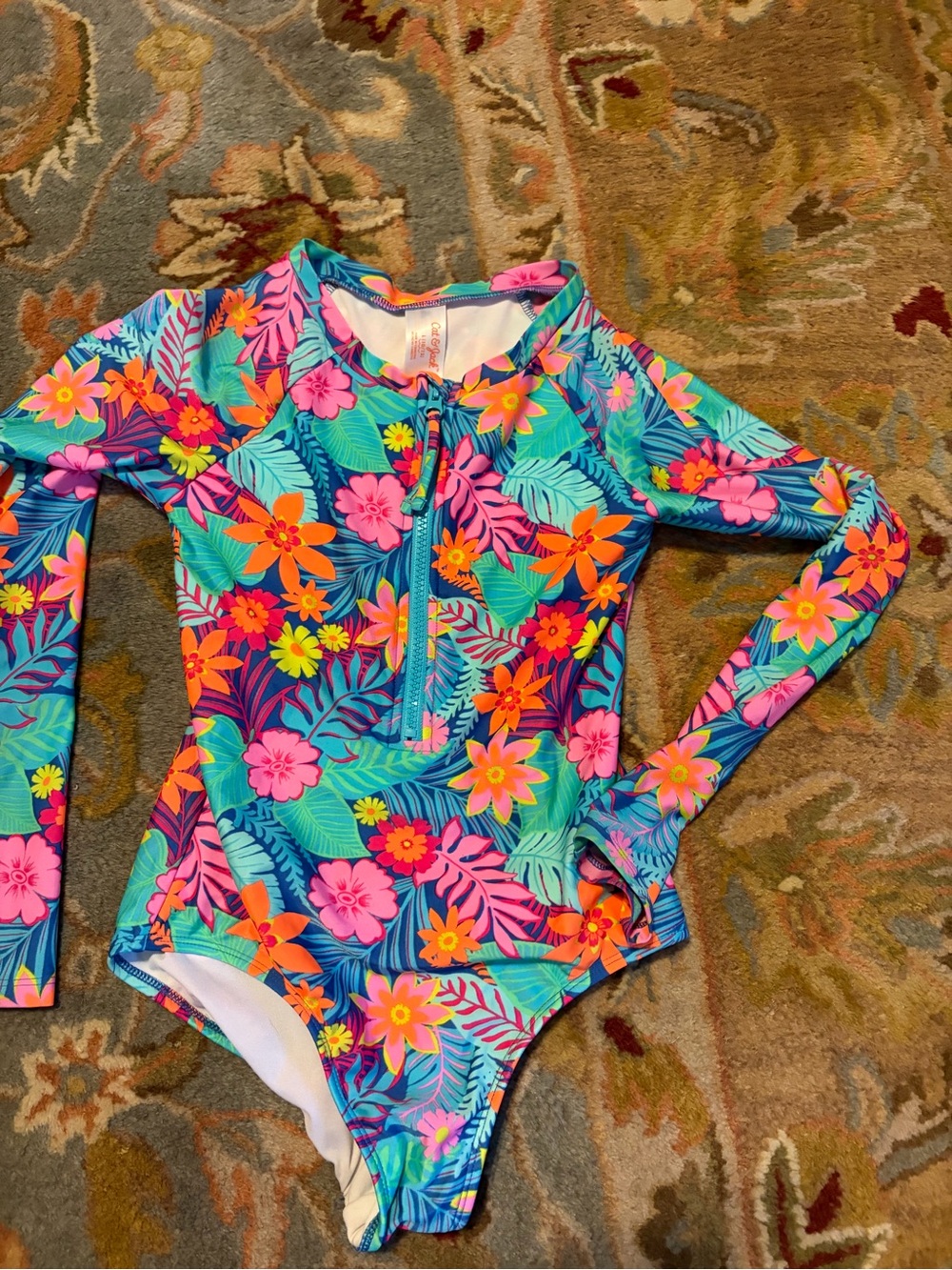 Cat & Jack Girls' Long-Sleeve Floral Rashguard Swimsuit - Teal, Pink, Orange